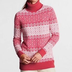 Lands End Fair Isle Wool Blend Sweater Turtleneck Red White Lambswool Size Small